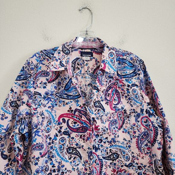 Basic Editions Paisley Boho 3/4 Sleeve Button Down Dress Shirt Work Wear Sz XL - Picture 3 of 11